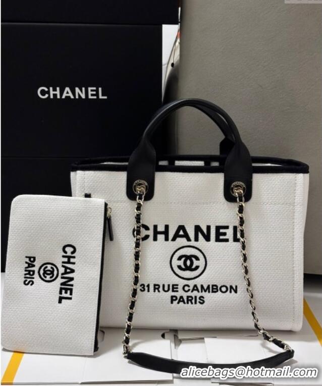 Luxurious Chanel Deauville Cotton & Calfskin Medium Shopping Bag CH0113 White/Black 2025