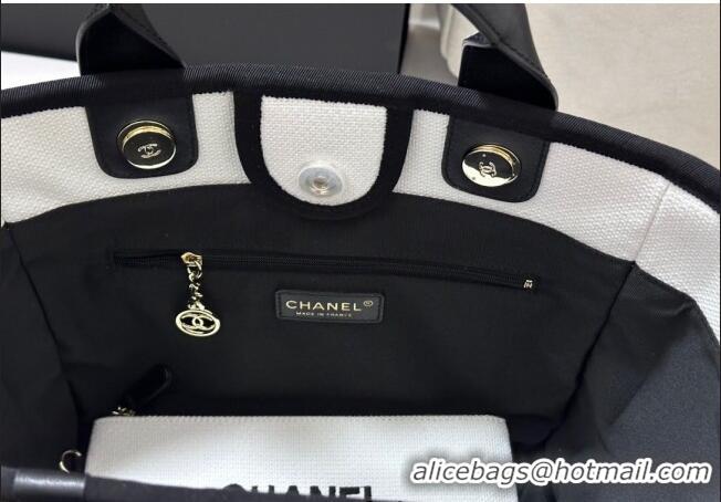 Luxurious Chanel Deauville Cotton & Calfskin Medium Shopping Bag CH0113 White/Black 2025