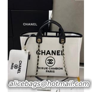 Grade Quality Chanel Deauville Cotton & Calfskin Large Shopping Bag CH0113 White/Black 2025