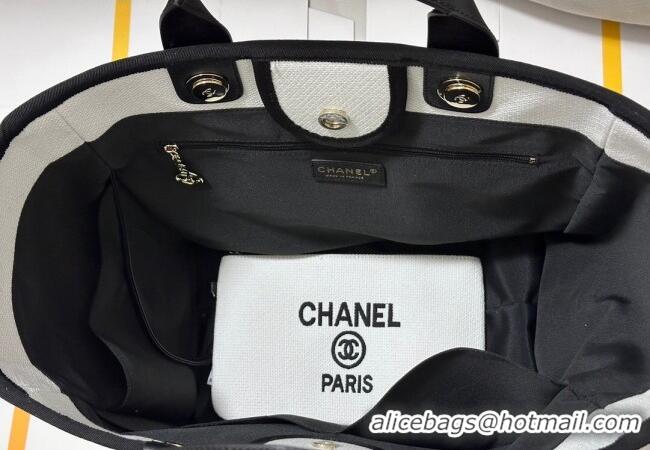 Grade Quality Chanel Deauville Cotton & Calfskin Large Shopping Bag CH0113 White/Black 2025