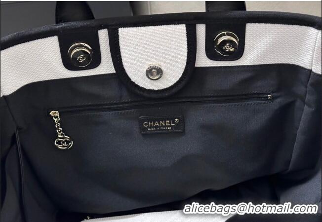 Grade Quality Chanel Deauville Cotton & Calfskin Large Shopping Bag CH0113 White/Black 2025