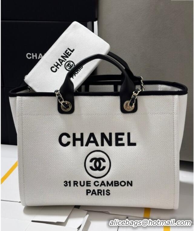 Grade Quality Chanel Deauville Cotton & Calfskin Large Shopping Bag CH0113 White/Black 2025