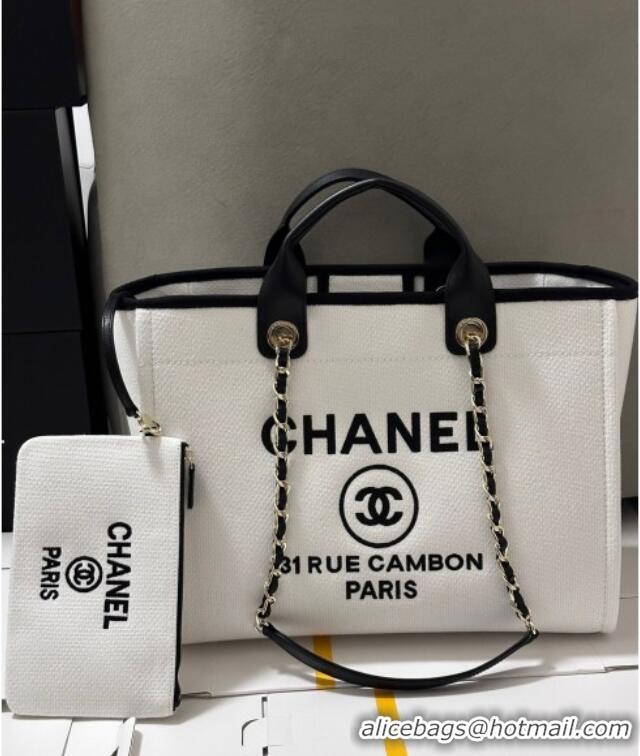 Grade Quality Chanel Deauville Cotton & Calfskin Large Shopping Bag CH0113 White/Black 2025