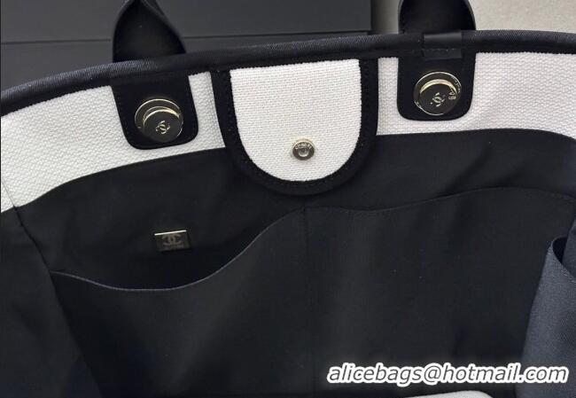 Grade Quality Chanel Deauville Cotton & Calfskin Large Shopping Bag CH0113 White/Black 2025