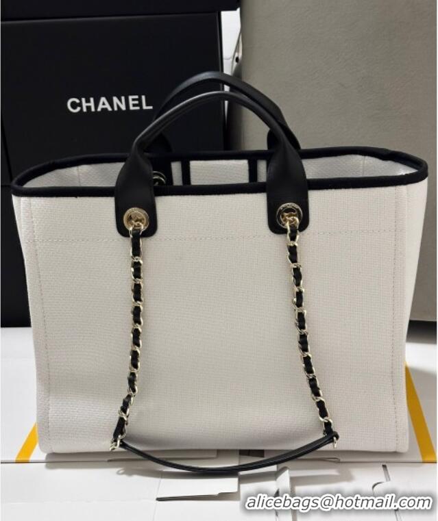 Grade Quality Chanel Deauville Cotton & Calfskin Large Shopping Bag CH0113 White/Black 2025