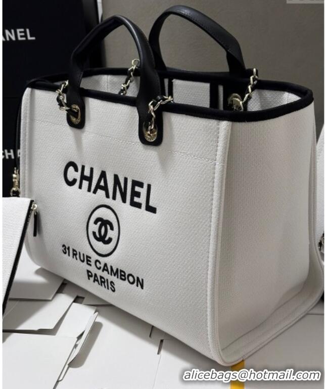 Grade Quality Chanel Deauville Cotton & Calfskin Large Shopping Bag CH0113 White/Black 2025