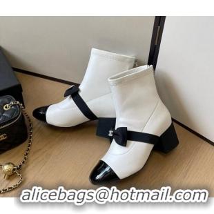 Good Looking Chanel Calfskin Heel Ankle Boots 5.5cm with Bow White 0102041