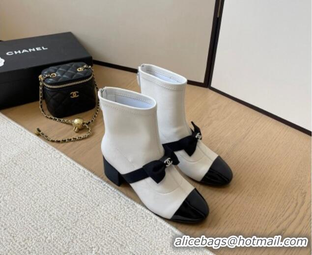 Good Looking Chanel Calfskin Heel Ankle Boots 5.5cm with Bow White 0102041