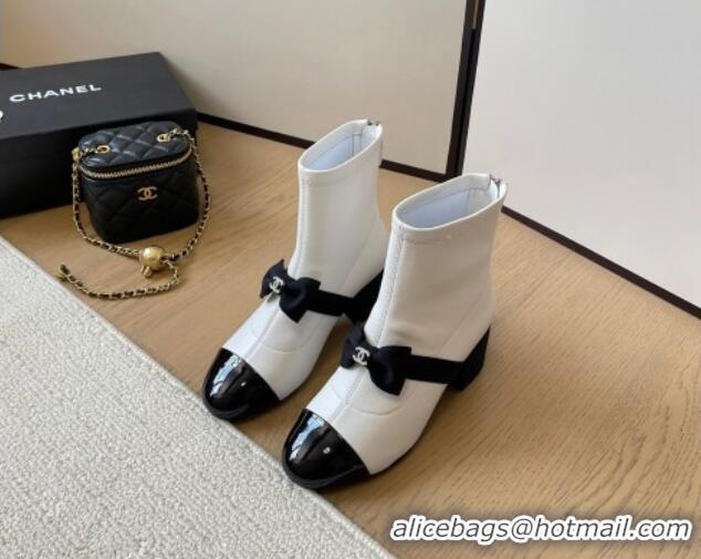 Good Looking Chanel Calfskin Heel Ankle Boots 5.5cm with Bow White 0102041