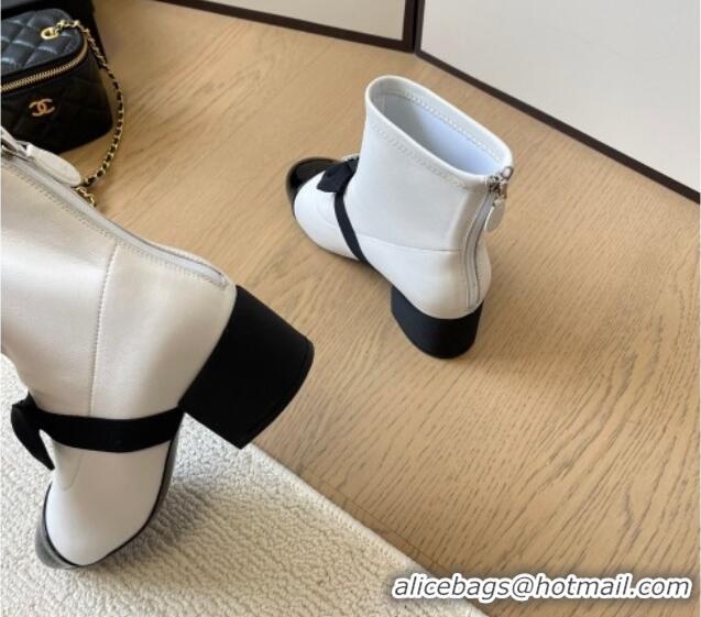 Good Looking Chanel Calfskin Heel Ankle Boots 5.5cm with Bow White 0102041