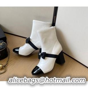 Good Product Chanel Calfskin Heel Ankle Boots 8cm with Bow White 102043