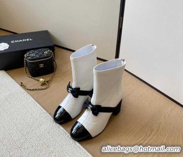 Good Product Chanel Calfskin Heel Ankle Boots 8cm with Bow White 102043