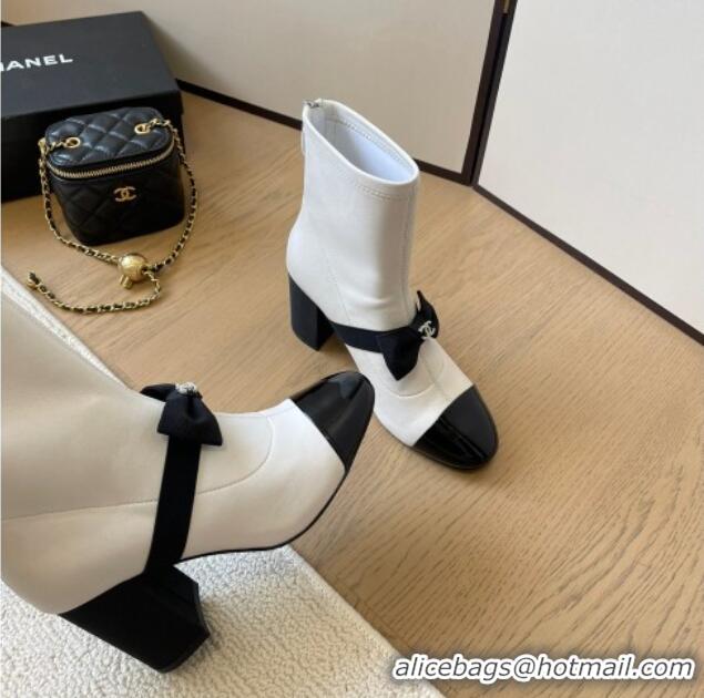 Good Product Chanel Calfskin Heel Ankle Boots 8cm with Bow White 102043