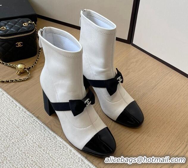 Good Product Chanel Calfskin Heel Ankle Boots 8cm with Bow White 102043