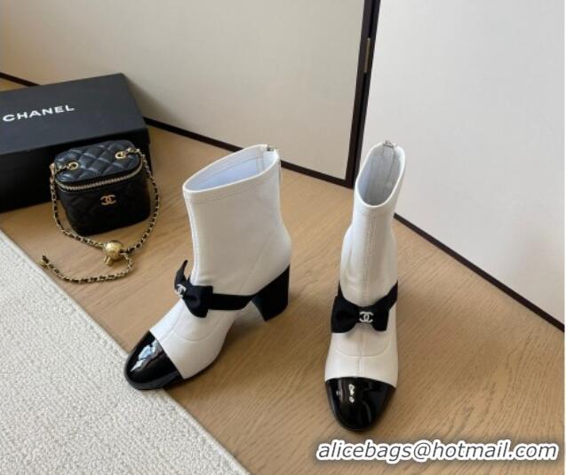 Good Product Chanel Calfskin Heel Ankle Boots 8cm with Bow White 102043