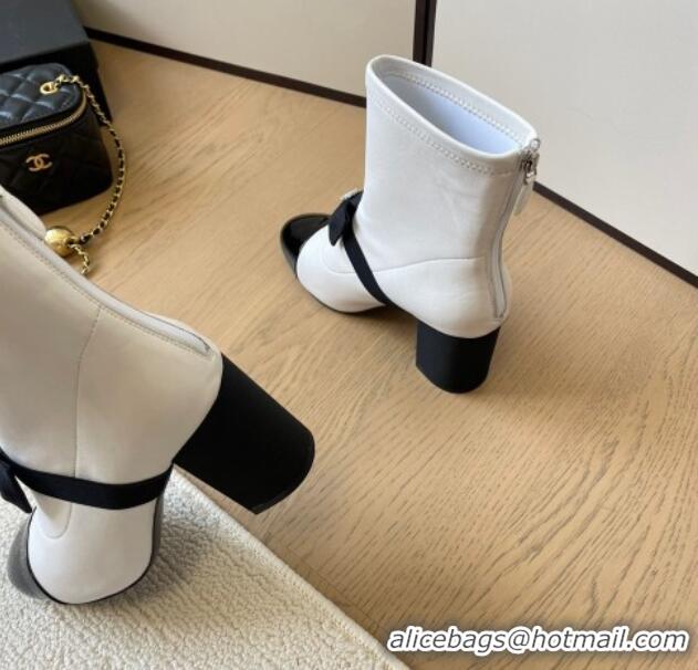 Good Product Chanel Calfskin Heel Ankle Boots 8cm with Bow White 102043