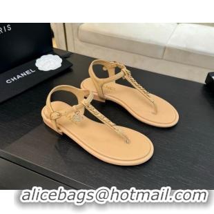 Top Design Chanel Lambskin Flat Thong Sandals with Chain Beige 0102046