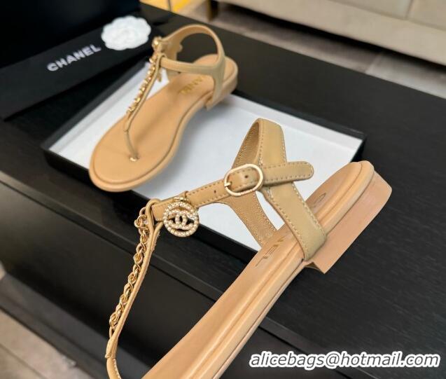 Top Design Chanel Lambskin Flat Thong Sandals with Chain Beige 0102046