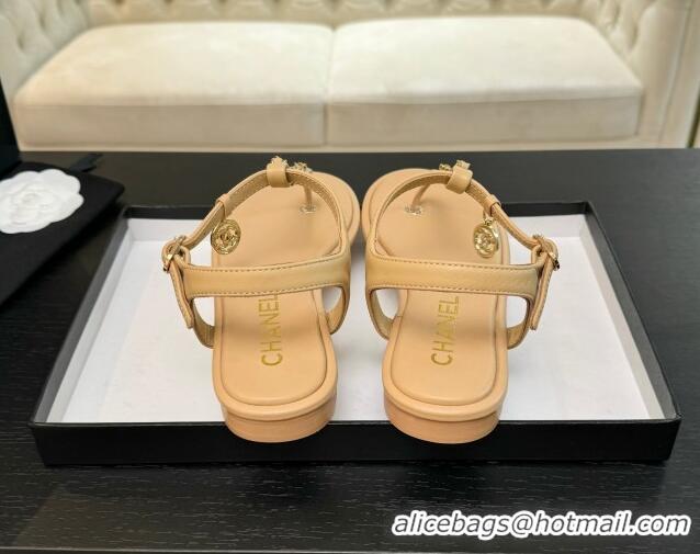 Top Design Chanel Lambskin Flat Thong Sandals with Chain Beige 0102046