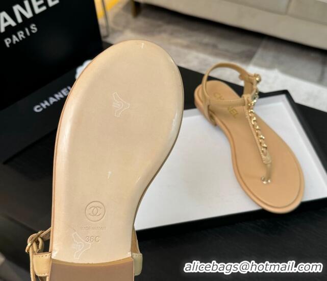 Top Design Chanel Lambskin Flat Thong Sandals with Chain Beige 0102046