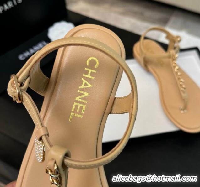 Top Design Chanel Lambskin Flat Thong Sandals with Chain Beige 0102046