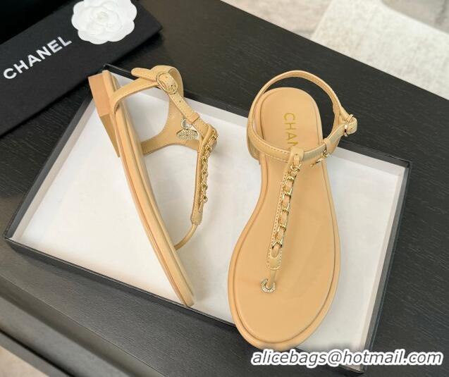 Top Design Chanel Lambskin Flat Thong Sandals with Chain Beige 0102046