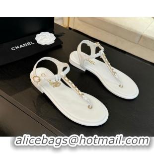 Unique Style Chanel Lambskin Flat Thong Sandals with Chain White 0102048