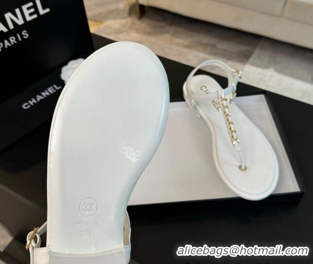 Unique Style Chanel Lambskin Flat Thong Sandals with Chain White 0102048