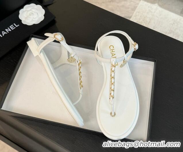 Unique Style Chanel Lambskin Flat Thong Sandals with Chain White 0102048