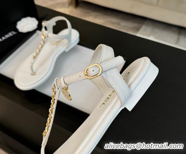 Unique Style Chanel Lambskin Flat Thong Sandals with Chain White 0102048