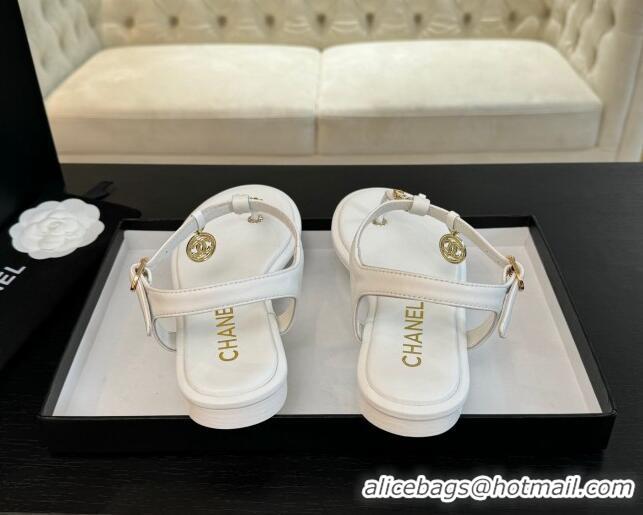 Unique Style Chanel Lambskin Flat Thong Sandals with Chain White 0102048