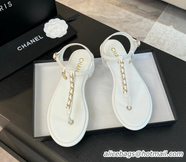 Unique Style Chanel Lambskin Flat Thong Sandals with Chain White 0102048