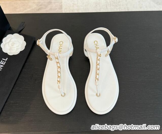 Unique Style Chanel Lambskin Flat Thong Sandals with Chain White 0102048