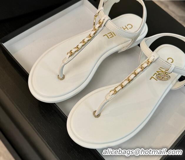 Unique Style Chanel Lambskin Flat Thong Sandals with Chain White 0102048