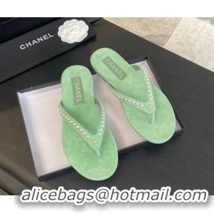 Popular Style Chanel Suede Flat Thong Slide Sandals with Pearls G46205 Green 0102049