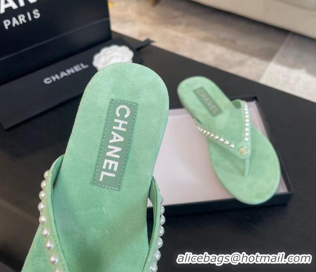 Popular Style Chanel Suede Flat Thong Slide Sandals with Pearls G46205 Green 0102049