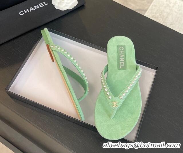 Popular Style Chanel Suede Flat Thong Slide Sandals with Pearls G46205 Green 0102049