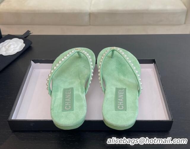 Popular Style Chanel Suede Flat Thong Slide Sandals with Pearls G46205 Green 0102049