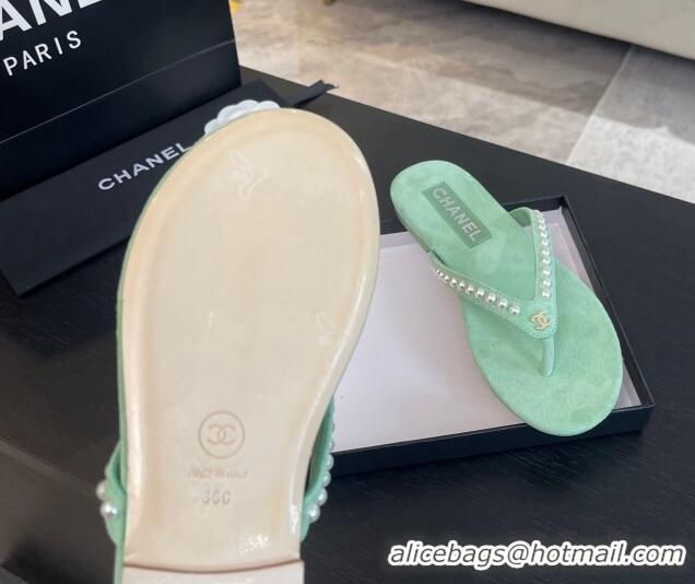 Popular Style Chanel Suede Flat Thong Slide Sandals with Pearls G46205 Green 0102049