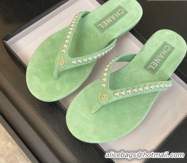 Popular Style Chanel Suede Flat Thong Slide Sandals with Pearls G46205 Green 0102049