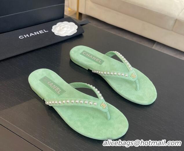 Popular Style Chanel Suede Flat Thong Slide Sandals with Pearls G46205 Green 0102049