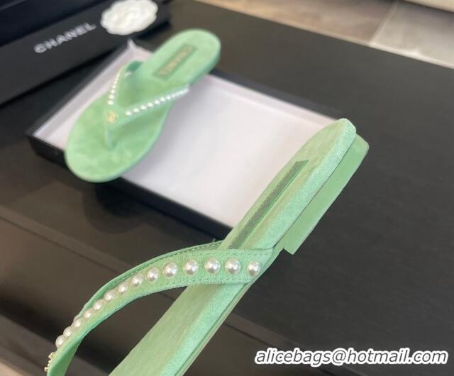 Popular Style Chanel Suede Flat Thong Slide Sandals with Pearls G46205 Green 0102049