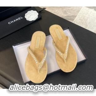 Pretty Style Chanel Suede Flat Thong Slide Sandals with Pearls G46205 Beige 0102050