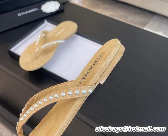 Pretty Style Chanel Suede Flat Thong Slide Sandals with Pearls G46205 Beige 0102050