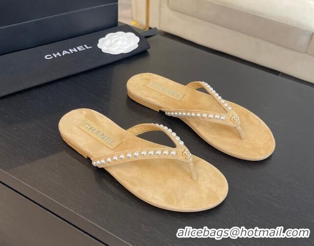 Pretty Style Chanel Suede Flat Thong Slide Sandals with Pearls G46205 Beige 0102050