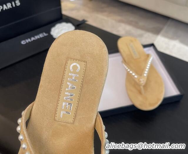 Pretty Style Chanel Suede Flat Thong Slide Sandals with Pearls G46205 Beige 0102050