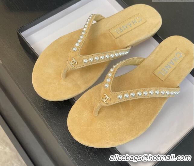 Pretty Style Chanel Suede Flat Thong Slide Sandals with Pearls G46205 Beige 0102050