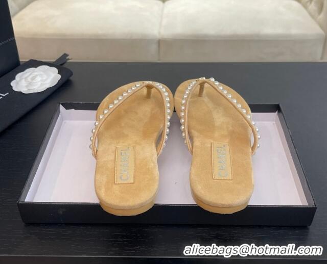 Pretty Style Chanel Suede Flat Thong Slide Sandals with Pearls G46205 Beige 0102050