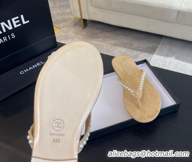 Pretty Style Chanel Suede Flat Thong Slide Sandals with Pearls G46205 Beige 0102050