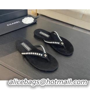 Perfect Chanel Suede Flat Thong Slide Sandals with Pearls G46205 Black 0102051